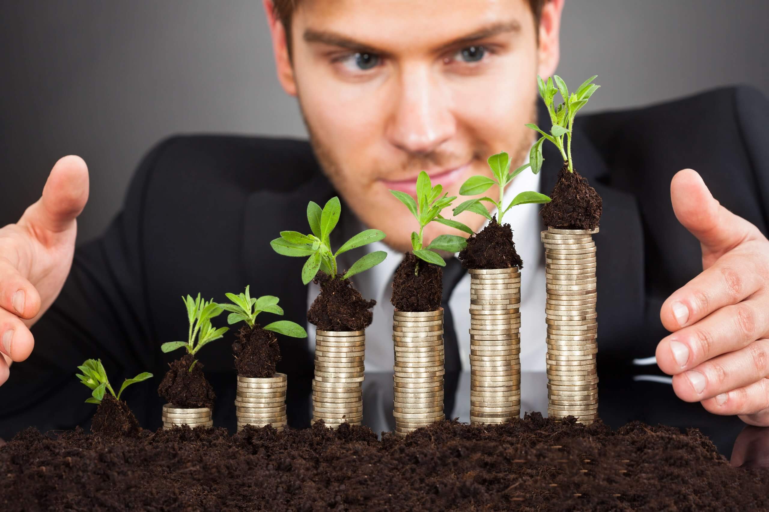 Businessman Protecting Coins In Saplings